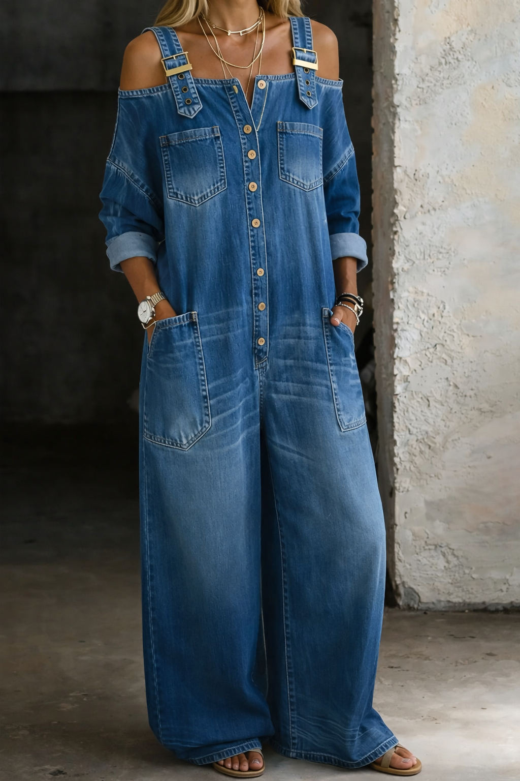 Sophia | Robe Salopette en Jean Épaules Dénudées