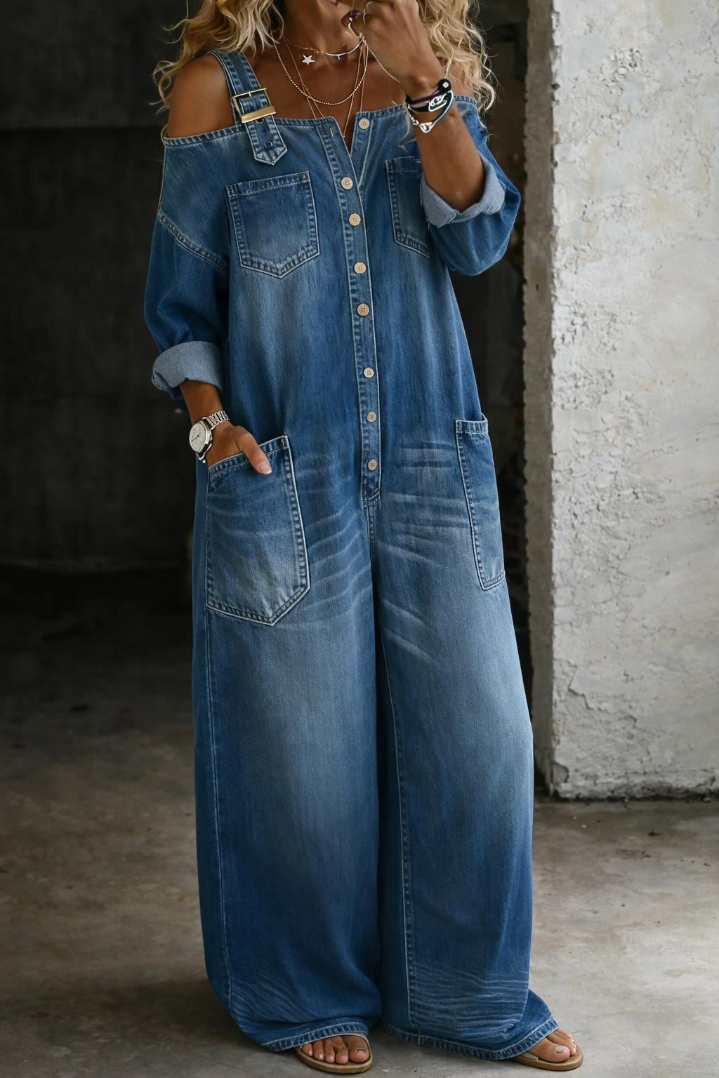 Sophia | Robe Salopette en Jean Épaules Dénudées