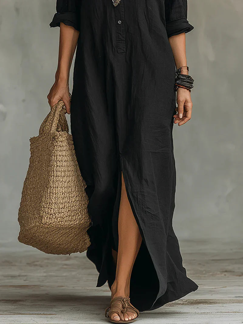 Céline™ | Loose-Fitting Black Buttoned Maxi Dress