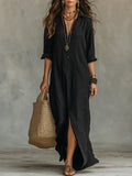 Céline™ | Loose-Fitting Black Buttoned Maxi Dress