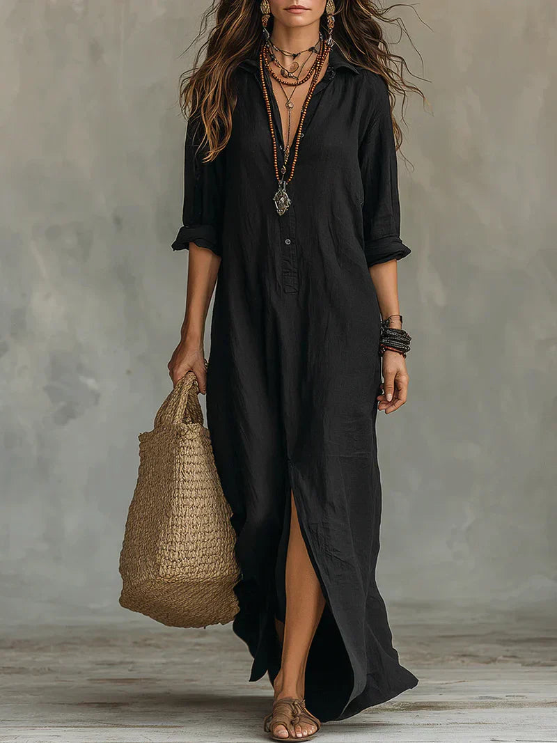 Céline™ | Loose-Fitting Black Buttoned Maxi Dress