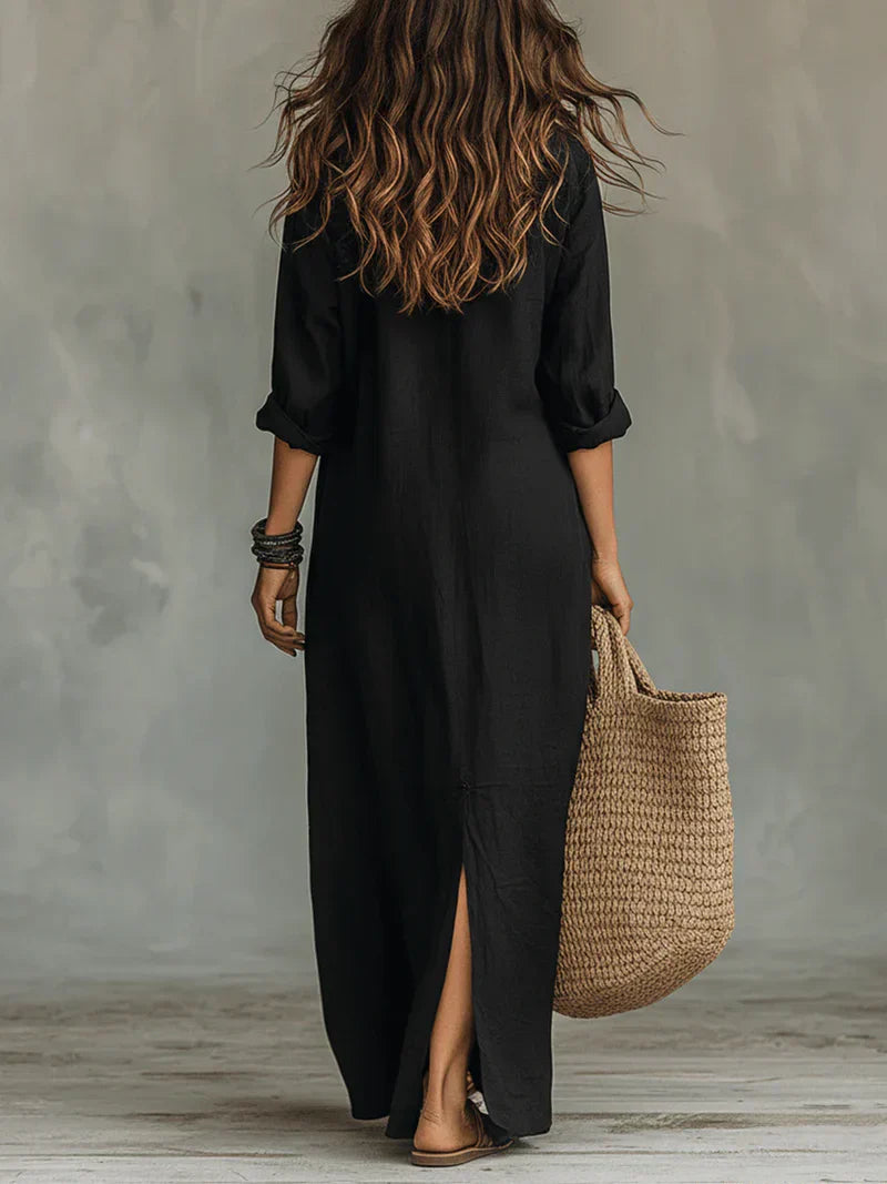 Céline™ | Loose-Fitting Black Buttoned Maxi Dress