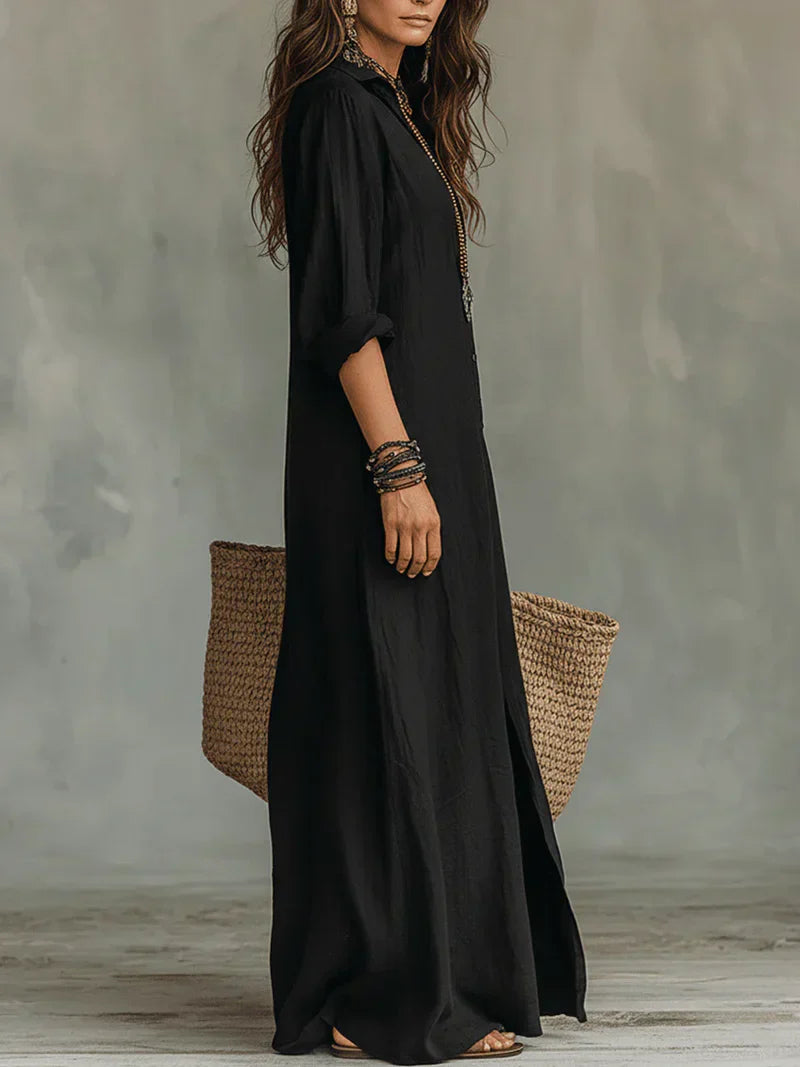 Céline™ | Loose-Fitting Black Buttoned Maxi Dress